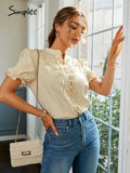 Drespot Puff Sleeves Lace Cotton Apricot Women Shirt Summer Short Sleeve Buttons Casual Shirts Hollow Out Stand Collar Blouse