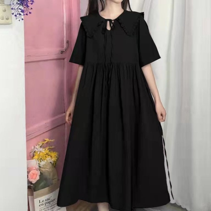 Drespot Black Dress Women Kawaii Perppy Style Short Sleeve Dresses   Summer Goth Casual Sundress Vintage Japanese Streetwear