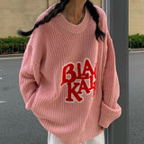Drespot Y2K Harajuku Pink Embroidery Oversized Sweater Women Sweet Knitted Jumper Loose Casual All-Match Pullover Tops Vintage