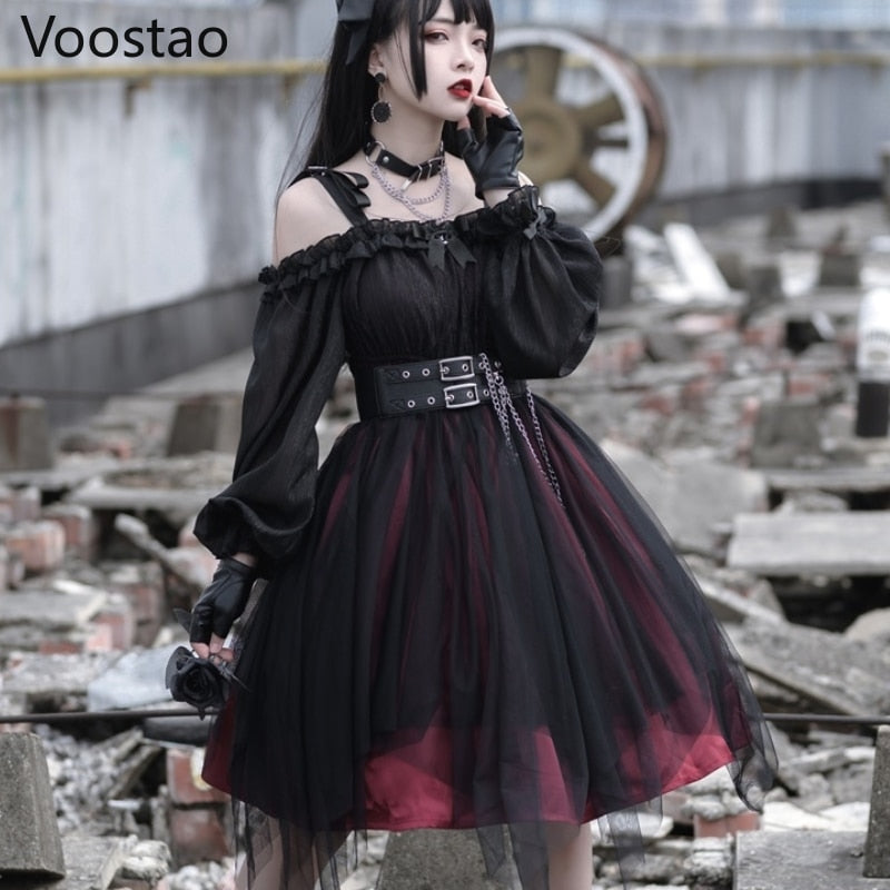 Drespot Vintage Gothic Lolita Dress Victorian Harajuku Girly Killer Irregular Mesh Dress Cosplay Women Kawaii Long Sleeve Party Dresses