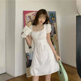 Drespot White Puff Sleeve Bandage Dress Women Sweet Kawaii Korean Ruffle Mini Dresses Square Collar Kpop Robe Clothes  Summer