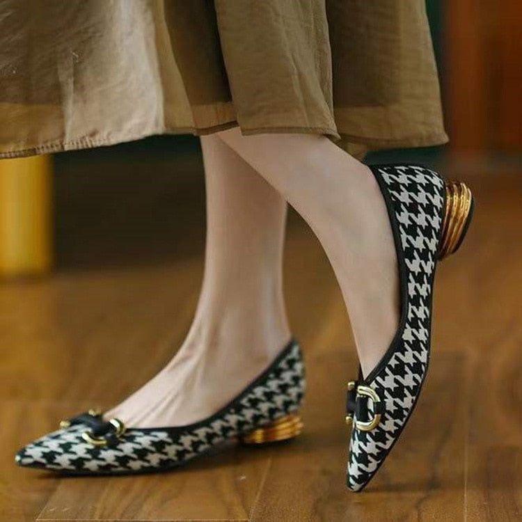 Drespot  Spring Women's Pumps Pointed Toe Round Low Heel Metal Decoration Ladies Heels Fashion Classic Retro Black Checkered Female Shoes