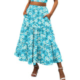 Summer Bohemian A-Line Skirt Floral Skirt Women Casual Beach Faldas Female Boho Elegant Elastic Waist Holiday Print Maxi Skirts