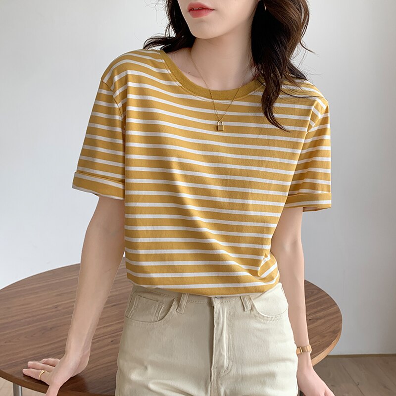 Drespot Summer Classic Striped Women's T-shirts  New Short Sleeve O-Neck Horizontal Casual Loose Women's Basic Tops Lady