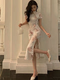 Summer New Elegant China Style Midi Cheongsam Print Dress For Women Solid One Piece Femme Fashion Party  Clothing Vestidos