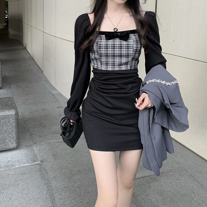 Drespot Korean Bodycon Mini Dress Women Kpop Plaid Patchwork Wrap Slim Black Mini Short Dresses Square Colalr Robe  Spring