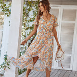 Spring Summer Floral Chiffon Dress For Women  New Casual Butterfly Sleeve V Neck Holiday Style Print Bandage Dress Ladies