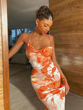 Orange Boho Printed Slip Dress Sexy Cross Bandage Back Open Club Party Maxi Dress Women Summer Beach Wear Clothes A1186