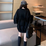 Drespot Solid Hoodie Women Sweatshirts Korean Style Black Oversize Tracksuit Autumn O-Neck Long Sleeve Pullover Female Fall Top