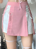 IAMHOTTY Kawaii Patchwork Lace-up Mini Skirt Pink High Waist A Line Short Skirts Japanese Lolita Skirts Fairycore Cute Outfit