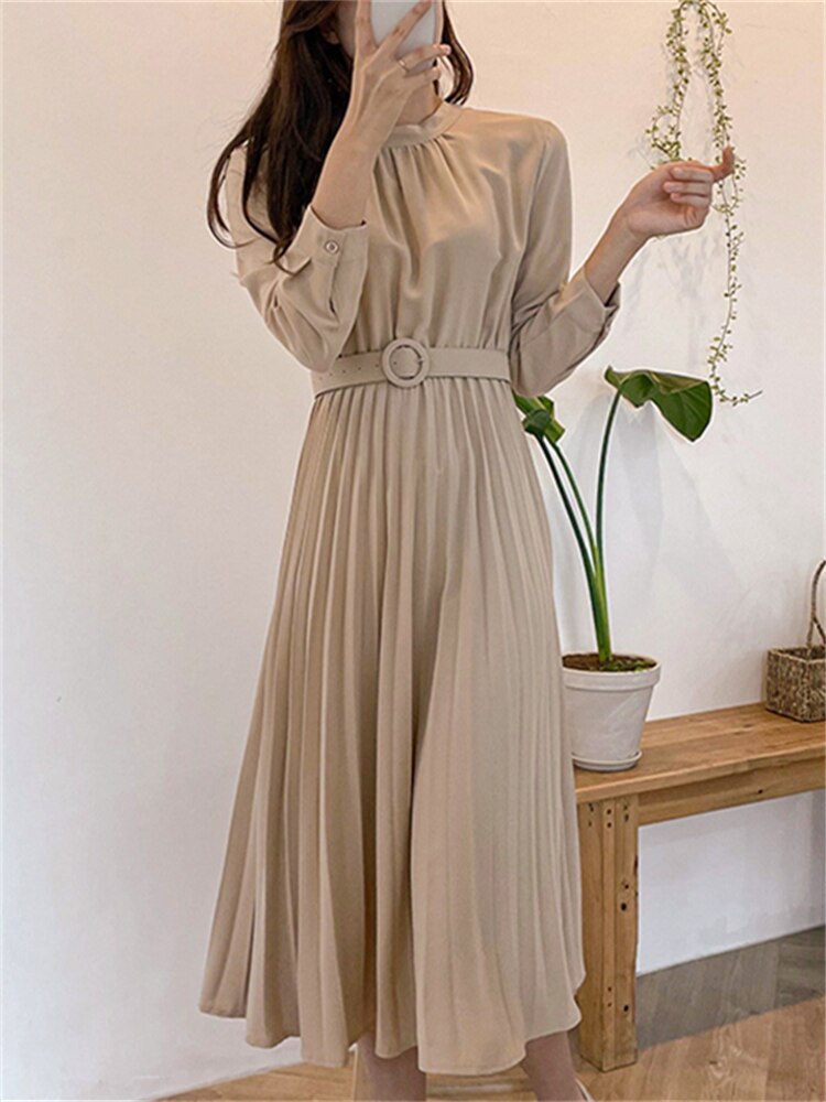 Women Solid Elegant Fashion Dress Spring Office Lady Long Sleeve Midi Pleated Dress With Belt Female Casual Clothes