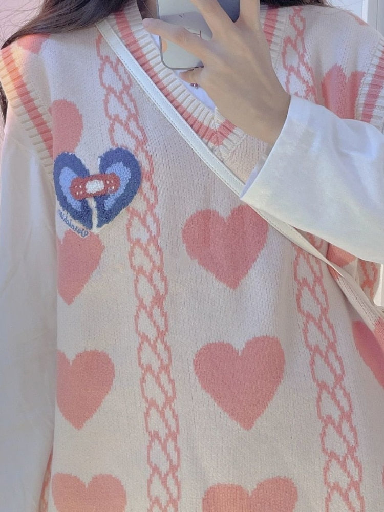 Preppy Style Knit Sweater Vest Women Japanese Harajuku Embroidery Sleeveless Jumper V-neck Loose Tank Tops Sweet Lolita