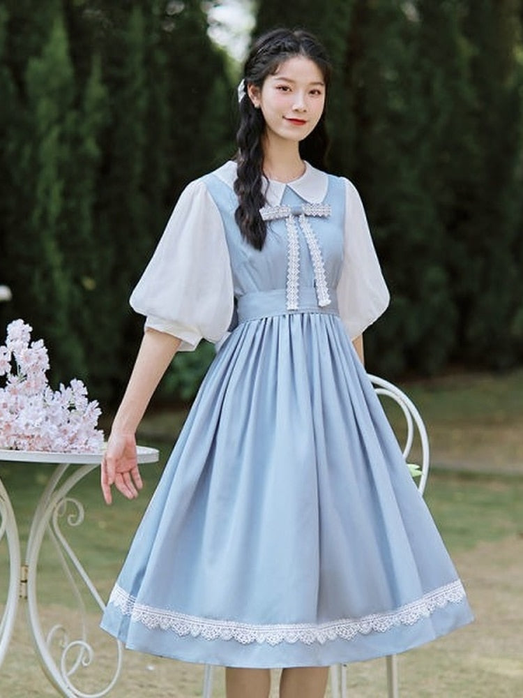 Drespot Vintage Mori Kawaii Dress Women Sweet Elegant Wrap Peter Pan Collar Dresses Bow Belt Robes Vestido Female  Summer