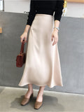 Drespot Women Elegant Office Lady Quality Glossy Satin Skirt Plain Shiny Fashion Solid High Waist Female Skirts