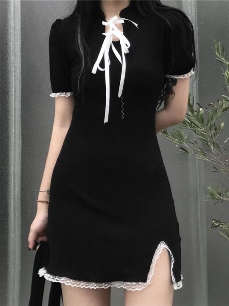 Black Gothic Dress Women Lace Patchwork Mini Dresses Sexy Bandage Harajuku Sundress  Summer Fashion Short Sleeve