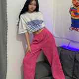 Drespot  Pink Corduroy Wide Leg Pants Women Korean Style Summer Straight High Waist Trousers Female Fashion Streetwear Aesthetic