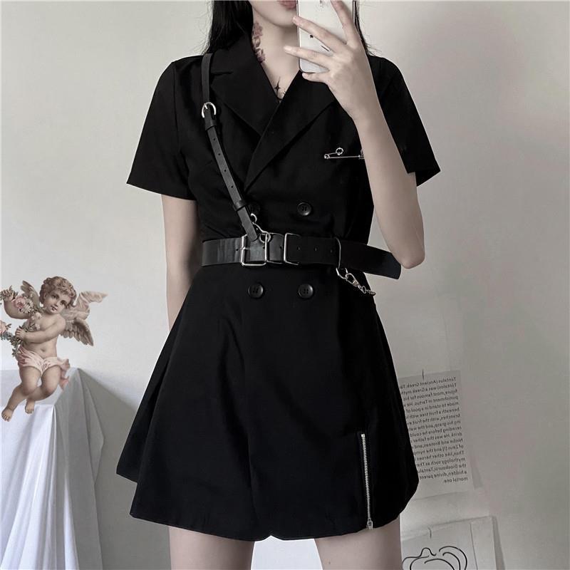 Drespot Gothic Punk Blazer Dress Women  Summer Streetwear Goth Harajuku Korean Fashion Black Mini Dress Staple Short Sleeve