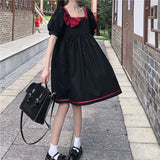 Kawaii Bow Dress Women Sweet Lolita Dress Short Sleeve Black Square Collar Japanese Preppy Style Party Female Robe