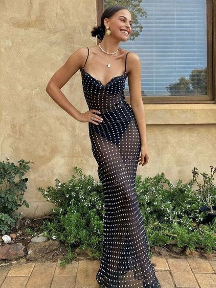 Drespot  Black Fashion Polka Dots Sundress Sexy See Through Spaghetti Strap Maxi Dress Women Summer Clothes Party Slip Dresses A1259