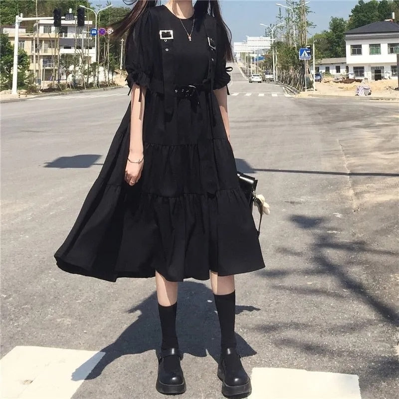 Drespot Gothic Style Dress Women Harajuku Gothic Lolita Goth Kawaii Dress Punk Cute Long Sleeve Black Midi Dress  Emo Oversize