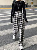 Drespot  Korean Style Plaid Pants Women Students Jokers Grid Pants Black And White Checkered Pants Loose Plaid Trousers Women
