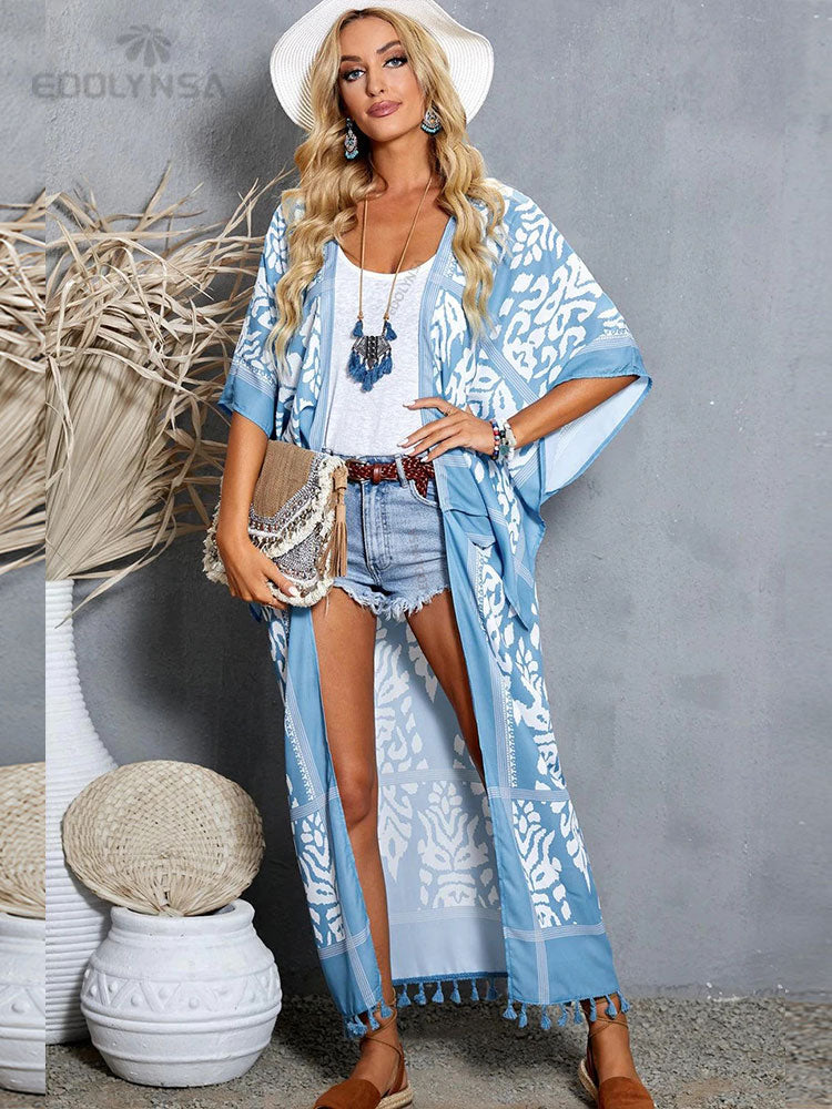 Boho Printed Fringed Long Kimono Dress Bikini Wrap Cover-ups Plus Size Women Summer Clothes Beach Wear Swim Suit Cover Up A1098