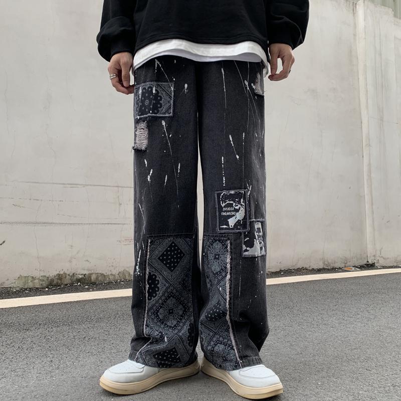 Drespot  Oversize Punk Grunge Black Jeans Pants Women Streetwear Patchwork Print Fashion Wide Leg Denim Trousers Female Hip Hop