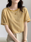 Drespot Summer Classic Striped Women's T-shirts  New Short Sleeve O-Neck Horizontal Casual Loose Women's Basic Tops Lady