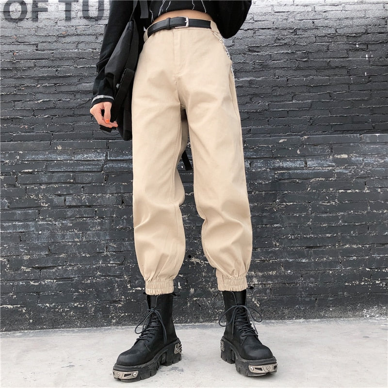 Drespot Womens Cargo Pants With Chain Khaki Black High Waisted Baggy Jogger Pants Grunge Aesthetic Outfits /