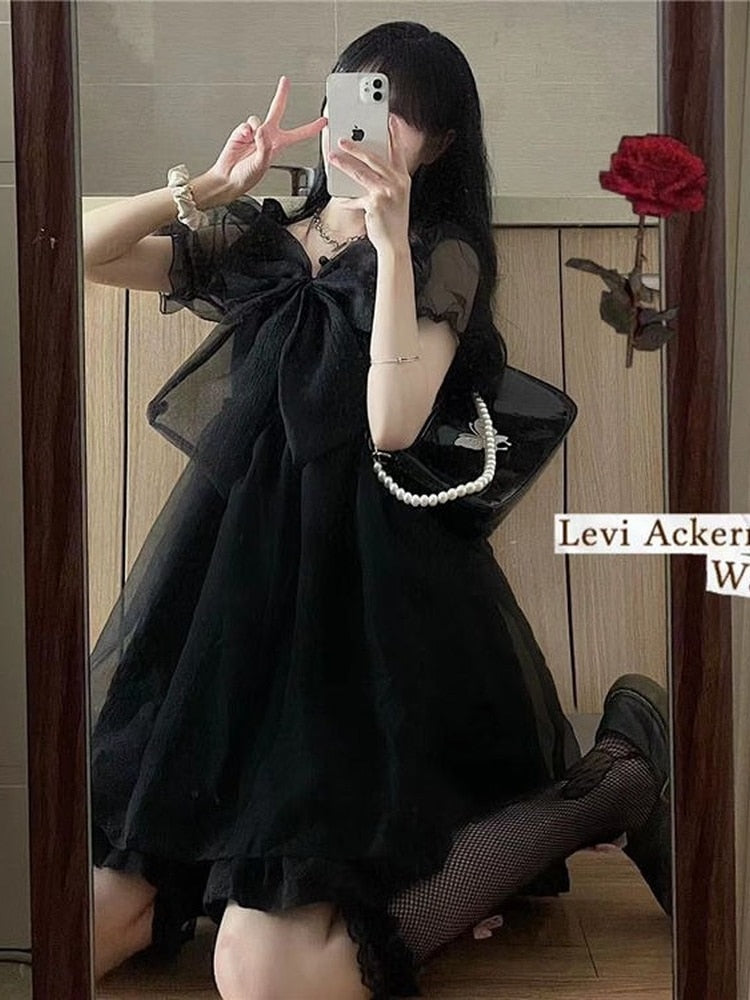 Drespot Gothic Lolita Mesh Harajuku Dress Women Mall Goth Puff Sleeve Black Short Dresses  Summer Korean Cute Sweet Girl
