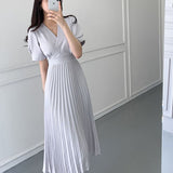 Drespot High Quality New Women Summer Clothes Elegant V-Neck Slim Office Lady Casual A-Line Bandge Pleated Dress Vestidos