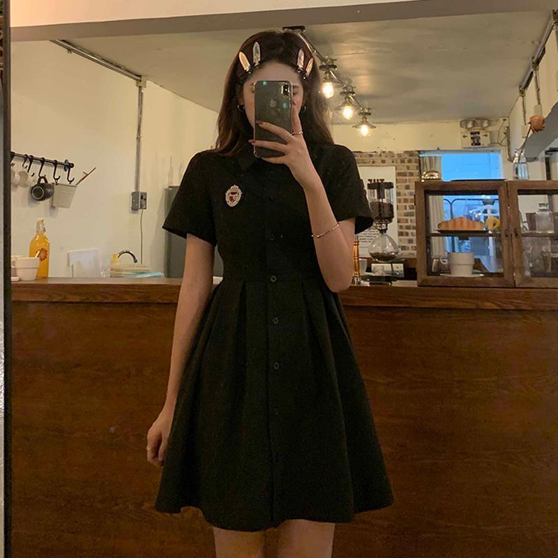Black Mini Dress Women Preppy Style Short Sleeve Dresses Sexy Hollow Out Polo Collar Korean Fashion  Summer Robe