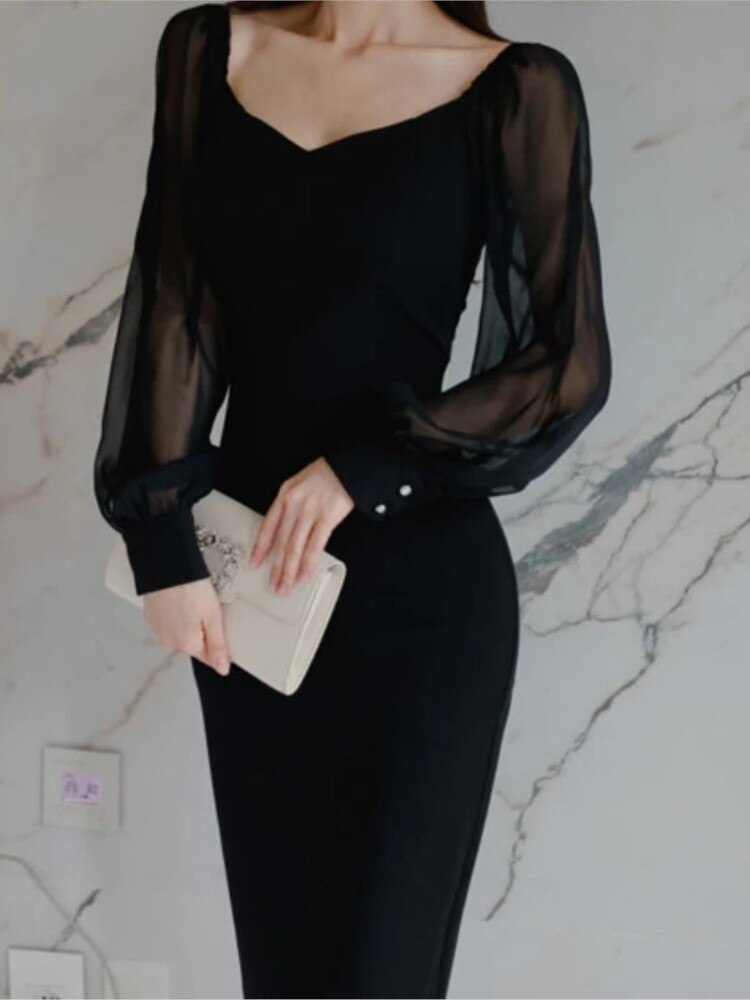 Black Elegant Patchwork Long Sleeve A-Line Midi Dresses For Women Square Collar Bodycon Slim Waist Vestidos Femme Fashion Outfit