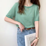 Drespot  New Summer Women's T-shirt Cotton Fashion Chic Short Sleeve Horizontal Stripe Casual Loose Women's Basic Tops Lady