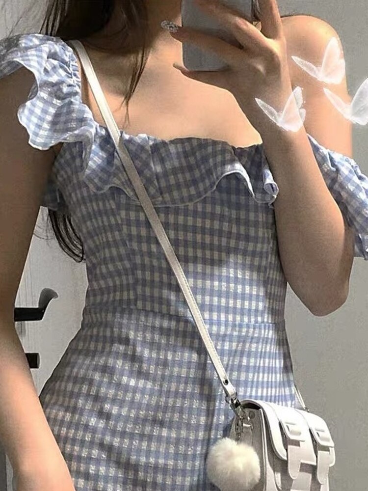 Drespot Korean Plaid Ruffles Dress Women Kpop Harajuku Kawaii Cute Wrap Off Shoulder Short Dresses Mori Soft Girl Summer