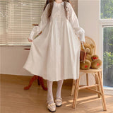 Drespot Sweet White Kawaii Lolita Dress Women Soft Girl Japanese School Long Sleeve Dress Peter Pan Collar Fairy Robe Clothes