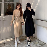 Long Sleeve Dress Women Korean Style Khaki Trendy Button Spring A-Line Tender Preppy Simple All-match Solid Elastic Waist Midi