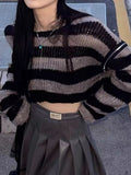 Y2K Gothic Striped Cropped Sweater Women Punk Oversized Knit Jumper Hole Zipper Off Shoulder Pullover Tops Emo Grunge