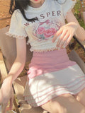 Drespot Cute Tshirt For Women Summer Sweet Kawaii Lace Patchwork Flowers Short Tops Preppy Style Rabbit Print 90S White Tees