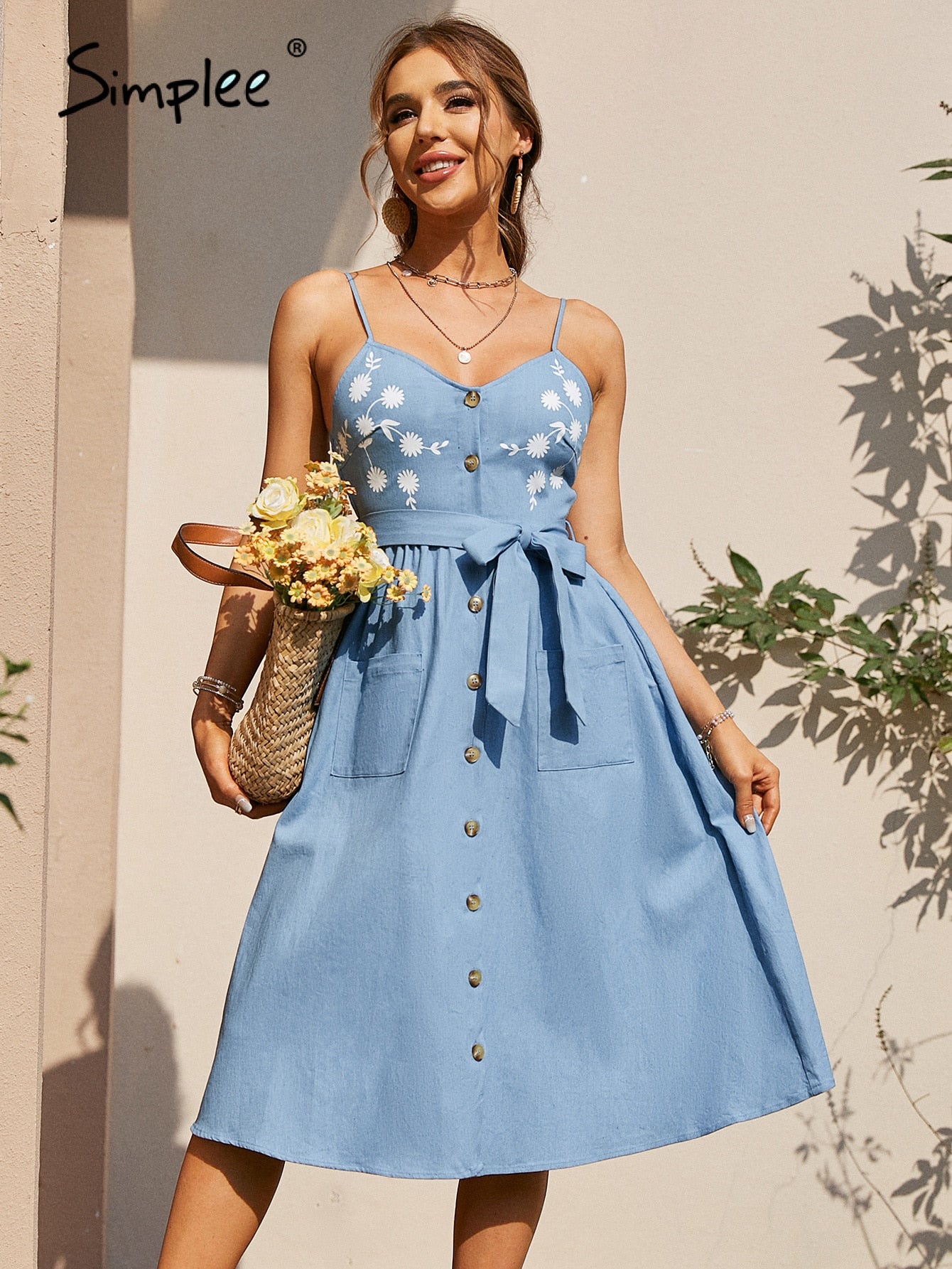 Drespot Spaghetti Strap Elegant V-Neck Summer Print Office Dress Women Pocket Button Blue Dresses Cotton Frills Holiday Vestido