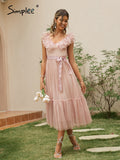 Drespot V-Neck Mesh Polka Dot Summer Tulle Party Dress Women Backless Pink Ruffle Sleeveless Dresses Elegant Sash Maxi Vestido