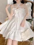 Drespot Sweet Fairy White Slip Mini Dress Women Bandage Off Shoulder Ruffles Wrap Short Dresses Elegant Party  Summer Bow