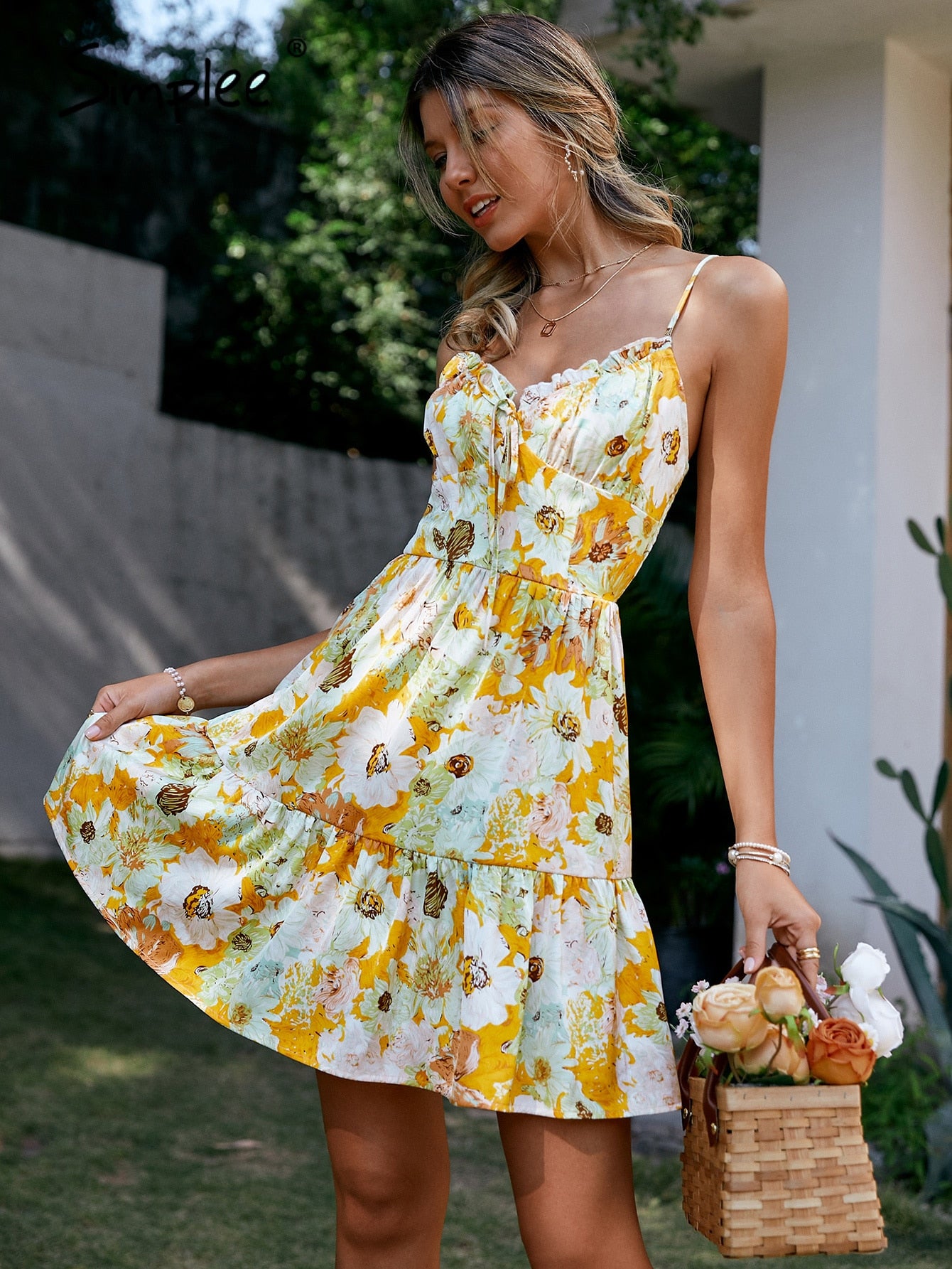 Drespot Holiday V-Neck Spaghetti Strap Croset Summer Print Dress Women Lace Up Floral Ruffle Sundress A-Line Sweet Beach Vestido