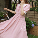 Drespot Mori Japanese Pink Floral Embroidery Dress Women Sweet Preppy Style School Kawaii Peter Pan Collar  Dresses  Summer