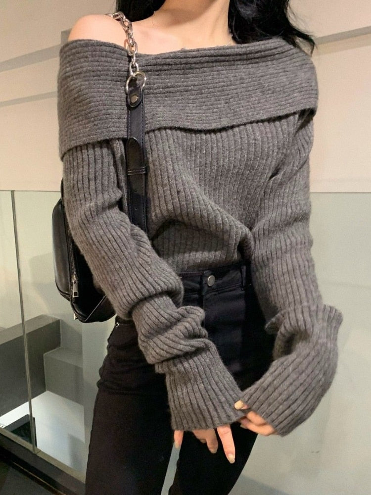 Slash Neck Knitted Sweater Slim Solid Pullovers Autumn Winter Thick Elegant Tops Female Y2k Clothes  Fall Winter Outfits
