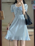 Drespot Sweet Kawaii Blue Dress Women Preppy Style School Korean Ruffle Puff Sleeve Short Dresses Square Collar Bow  Summer
