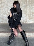 Gothic Punk Streetwear Heart Letter Print Oversized Hooded Sweatshirt Women Grunge Zipper Hoodie Female Long Sleeve Top