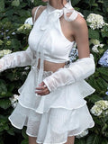 Ribbons Lace-Up Aesthetic Crop Top White Fairycore Tank Tops With Sleeves 2 Piece Set Women Bandage Vest Retro Camisole