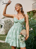 Drespot Spaghetti Strap Green Corset Print Mini Dress Summer Women Ruffle Lace Up Frills Dress High Waist Holiday Beach Vestido