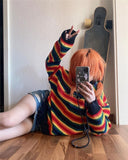 Drespot Thanksgiving Emotional Striped Knit Jumper Embroidery Crew Neck Long Sleeve Rainbow Pullovers Grunge Aesthetic Harajuku Women's Sweaters